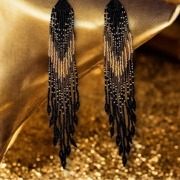 Sexy Dramatic Black and Gold Glass Beaded Fringe Earrings Handmade - Picture 15 of 16